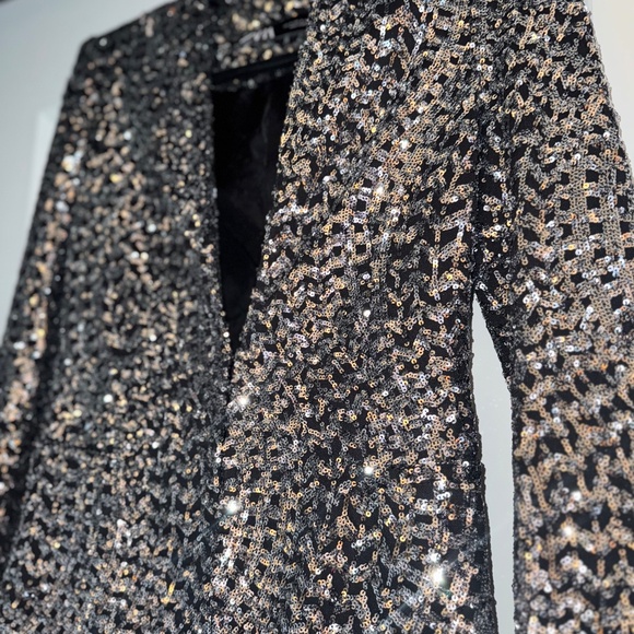 Zara Black Silver Gunmetal Metallic Sequin Blazer Size S Trinny Woodall - Picture 7 of 13